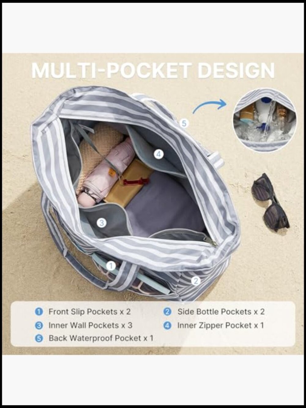 Extra Large Foldable Beach Tote with Zipper, Waterproof Sandproof for Travel - Picture 4 of 7